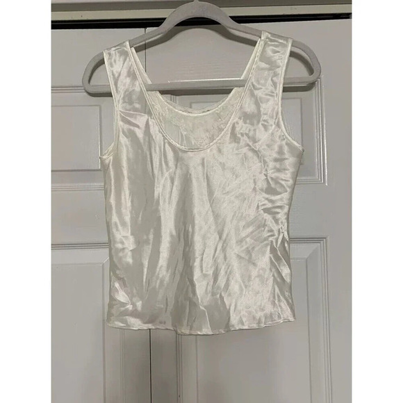 Vintage Escapades Ivory Silky Satin Cami Tank Top Applique Lace Medium (Q43) - Picture 5 of 8